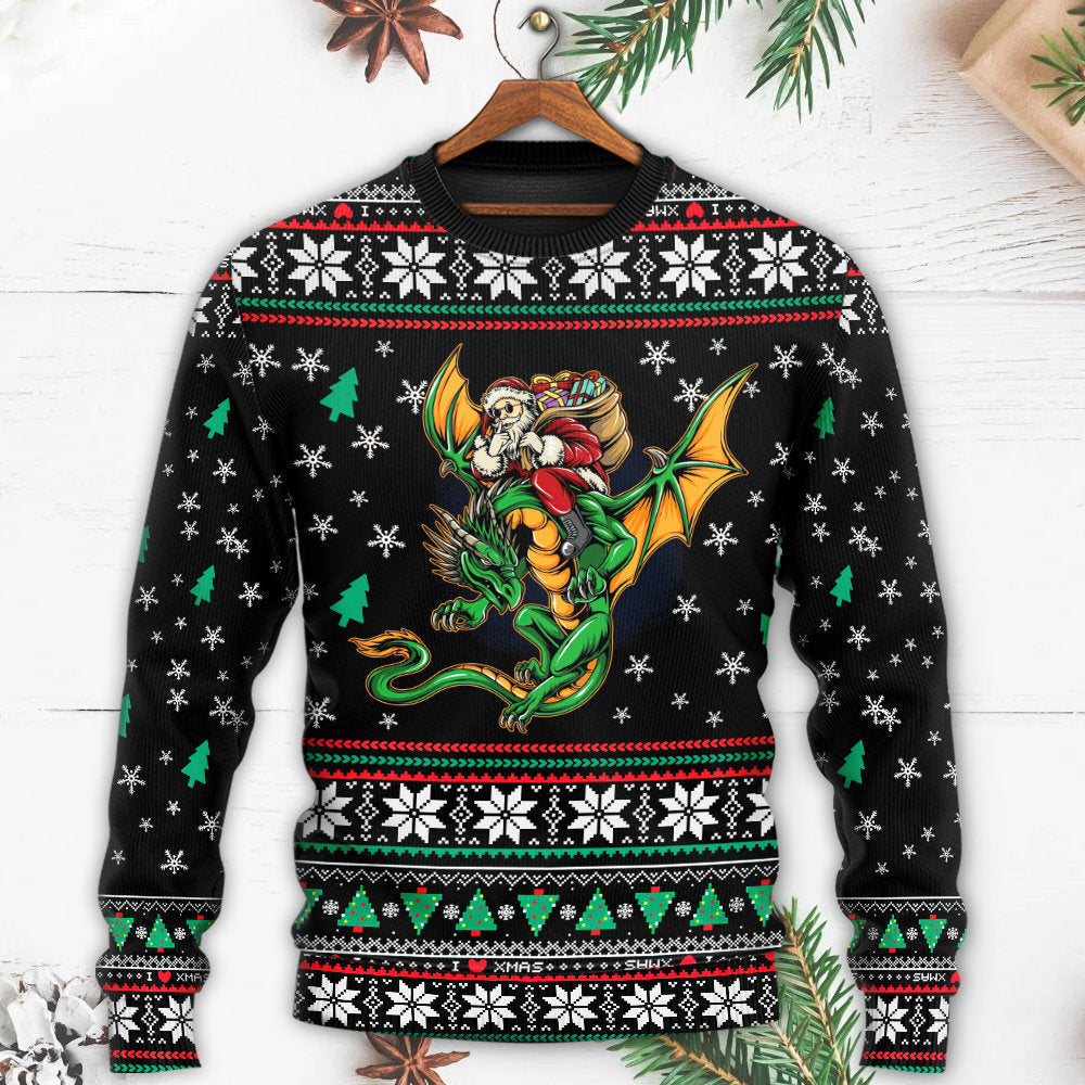 Christmas Santa With Fantasy Dragon Sweater For Festive Parties Family Photos And Comfortable Seasonal Wear