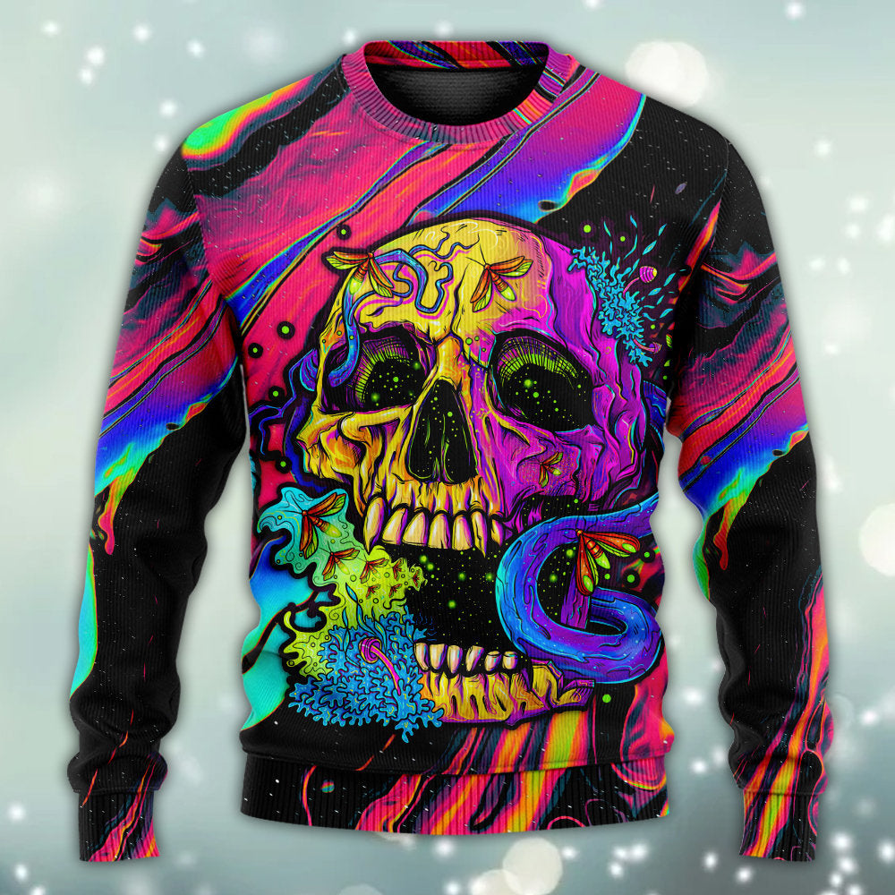 Skull And Moth Neon Night Sweater For Art Lovers Holidays Parties And Comfortable Wear