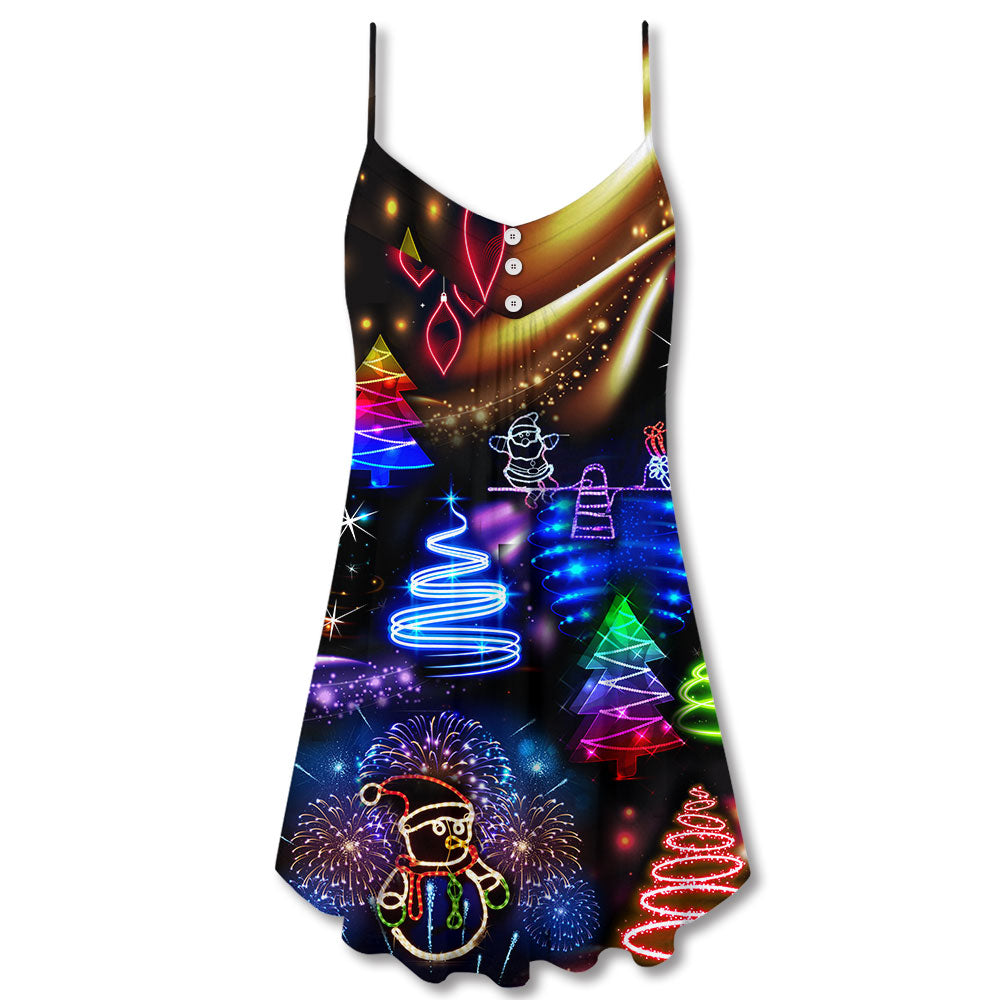 Christmas Neon Santa And Snowman V-Neck Sleeveless Cami Dress For Festive Events And Casual Summer Styling