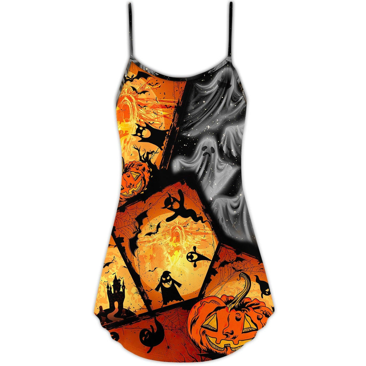 Halloween Ghost Pumpkin Night V-Neck Sleeveless Cami Dress For Festivals Travel And Relaxed Casual Summer Wear