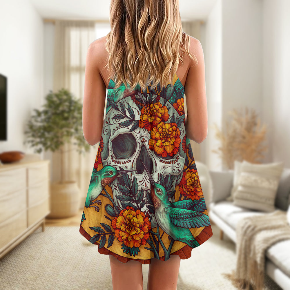 Floral Skull And Hummingbird V-Neck Sleeveless Cami Dress For Festivals And Distinctive Alternative Styling