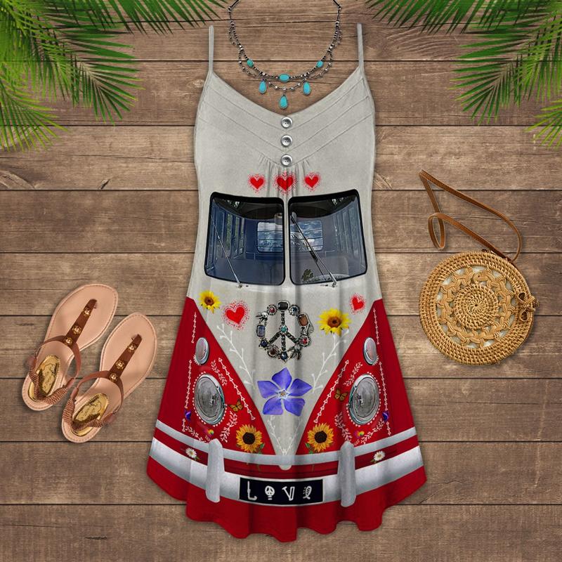Hippie Van Retro V-Neck Sleeveless Cami Dress For Outdoor Gatherings And Colorful Summer Style