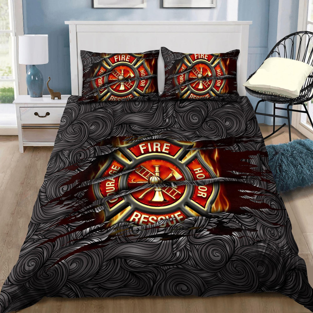 Firefighter Symbol Love Bedding Cover For Firefighter Bedroom Decor