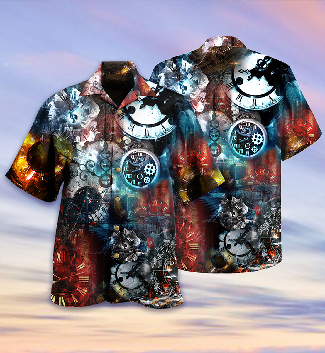 Vintage Clock Hawaiian Shirt With All Over Print For Vacation Parties Beach Outings And Relaxed Daily Wear
