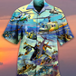Blue Vintage Combat Aircraft Skyline Hawaiian Shirt Design View For Casual Summer Styling