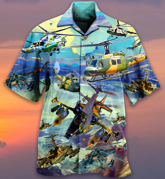 Blue Vintage Combat Aircraft Skyline Hawaiian Shirt Design View For Casual Summer Styling