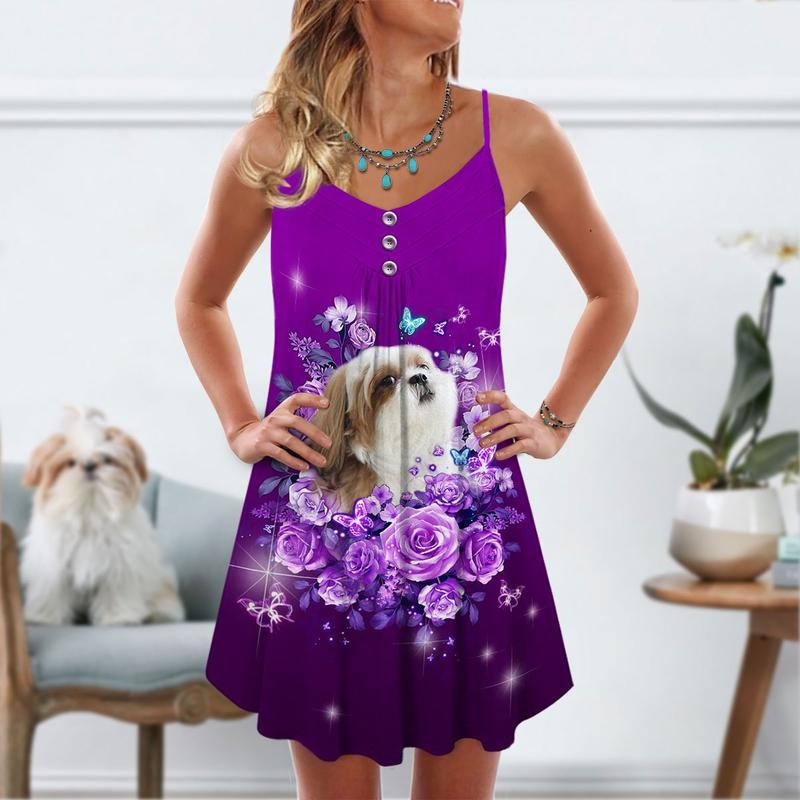 Dog Purple Rose Butterfly Shih Tzu V-Neck Sleeveless Cami Dress For Garden Parties And Relaxed Summer Wear