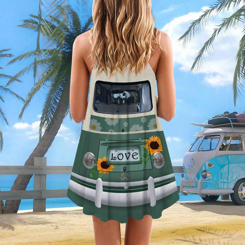 Hippie Van Retro Sunflower V-Neck Sleeveless Cami Dress For Vacations And Artistic Everyday Fashion