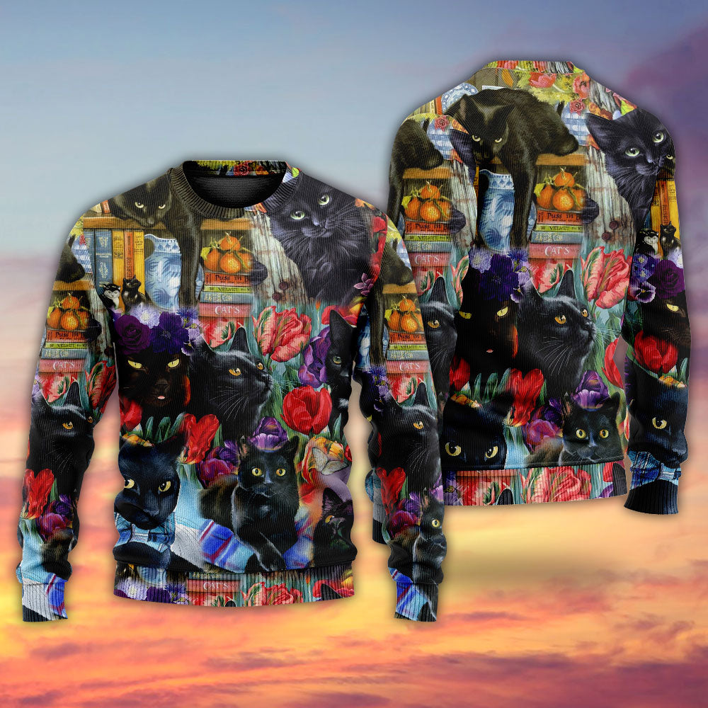 Black Cat With Floral Sweater For Nature Inspired Fashion Events And Relaxed Everyday Comfort
