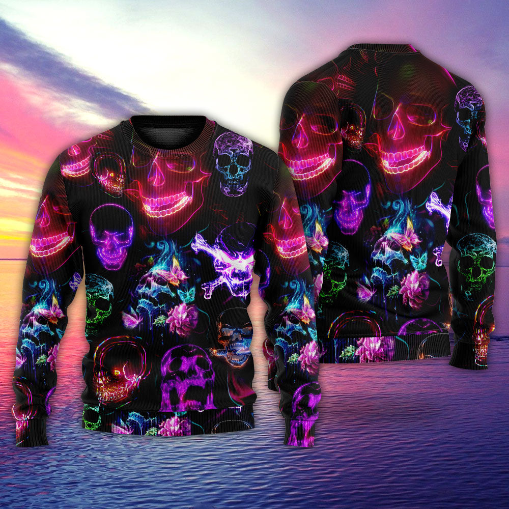 Skull Neon Happy Holiday Sweater For Winter Celebrations Family Events And Relaxed Seasonal Styling
