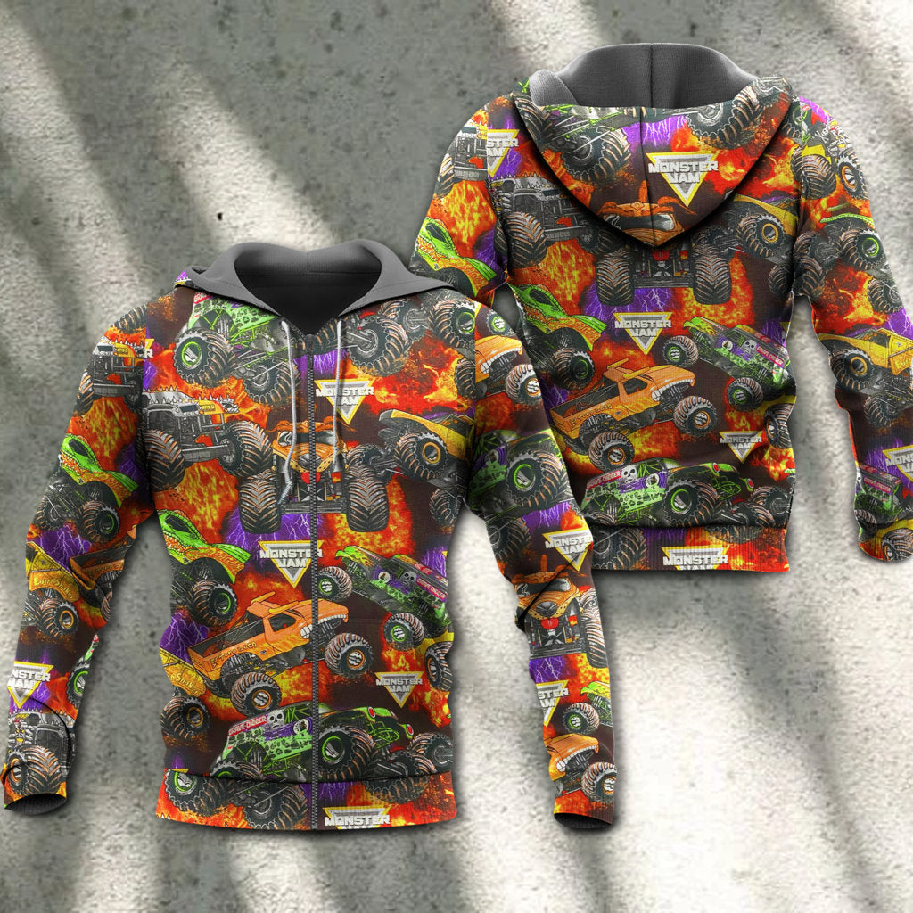 Monster Truck Packed Power Hoodie For Automotive Enthusiasts Road Trips And Casual Everyday Wear