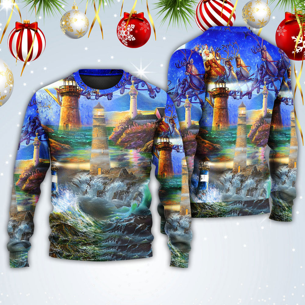 Lighthouse Christmas Santa Shine Like A Light Sweater For Seasonal Parties Cozy Gatherings And Thoughtful Holiday Gifts