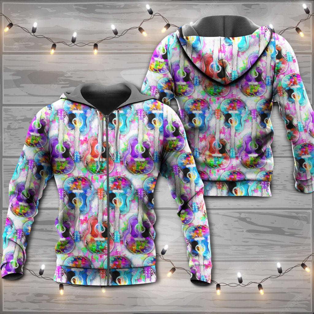 Guitar Color Mix Artistic Hoodie For Musicians Outdoor Activities And Creative Gift Ideas
