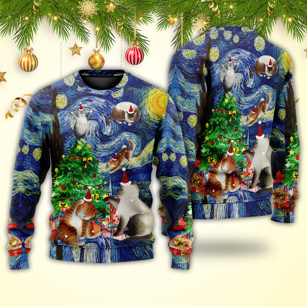 Christmas Cat Playing In Starry Night Sweater For Festive Parties Family Photos And Comfortable Seasonal Wear