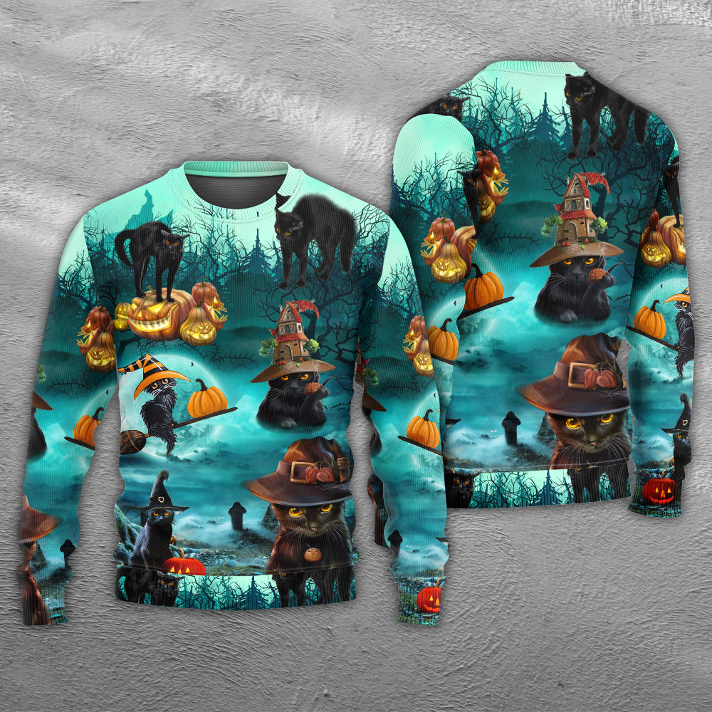 Halloween Black Cat Pumpkin Sweater For Art Fans Travel Parties And Distinctive Casual Style