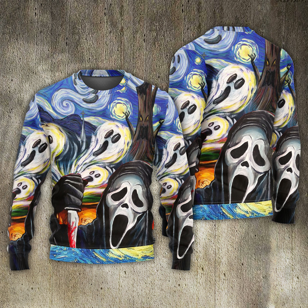 Halloween Ghost Starry Night Sweater For Art Fans Travel Parties And Distinctive Casual Style