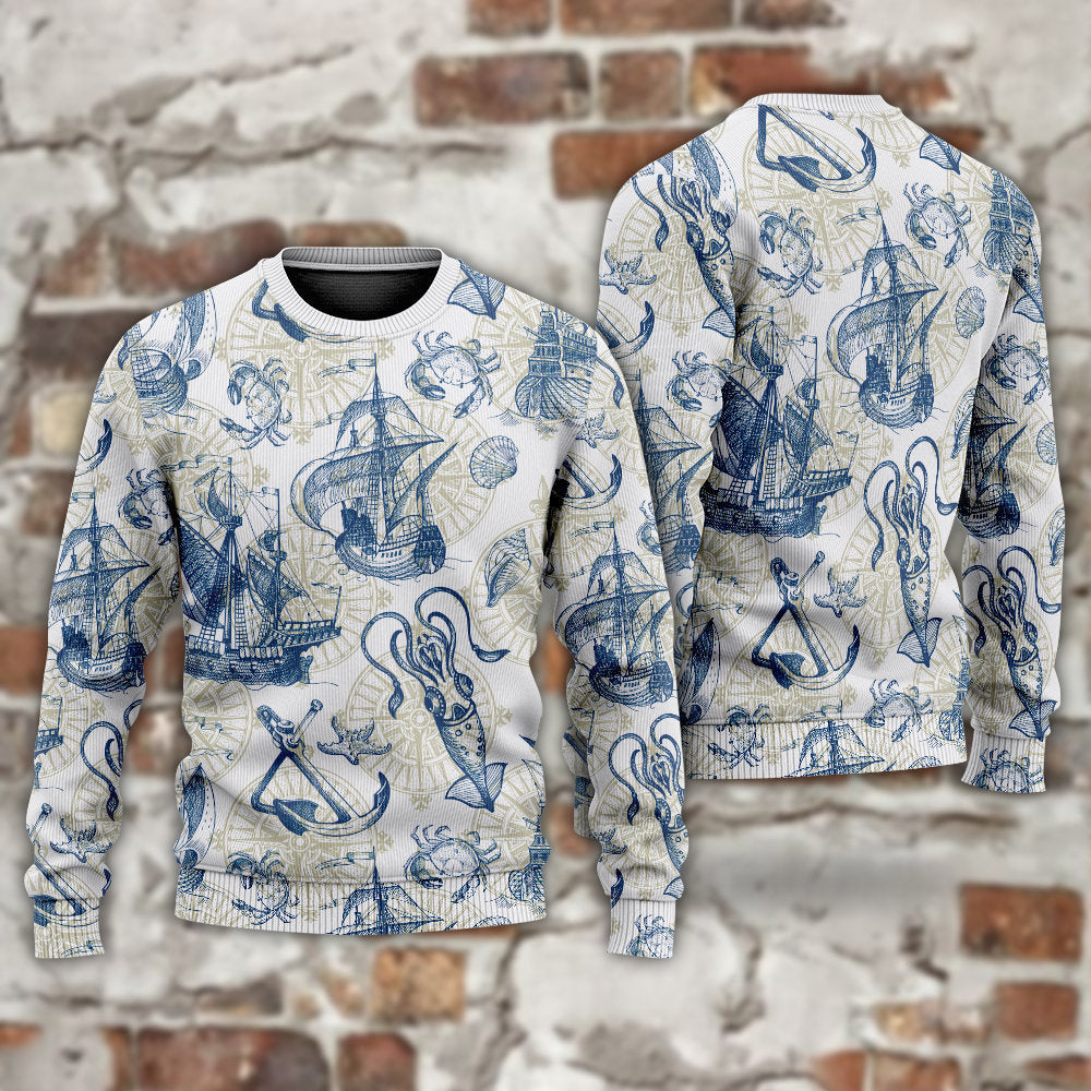 Vintage Sailboat Sea Monster Map Sweater For Nautical Adventures Travel Events And Thoughtful Gifting