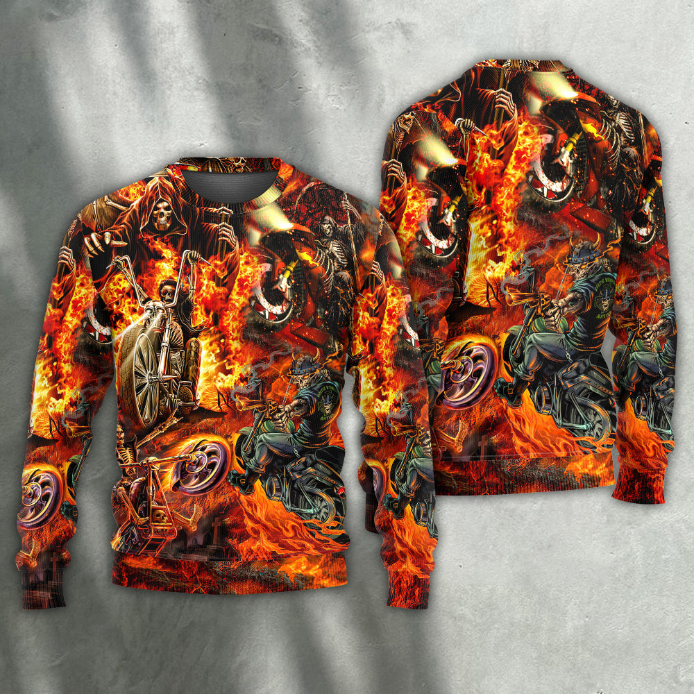 Motorcycle Skull Fire Sweater For Alternative Fashion Events And Thoughtful Seasonal Gifts