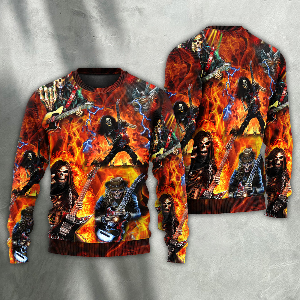 Guitar Skull Fire Hot Sweater For Fantasy Fans Casual Outings And Weekend Adventures
