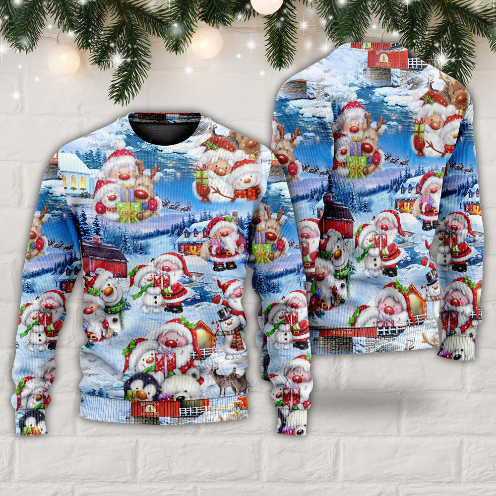 Santa And Snowman Christmas Holiday Sweater For Festive Family Events Casual Wear And Holiday Gift Giving
