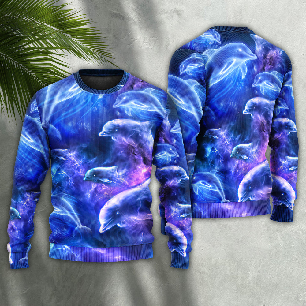 Dolphin Galaxy Neon Glow Sweater For Seaside Adventures Outdoor Events And Relaxed Daily Style
