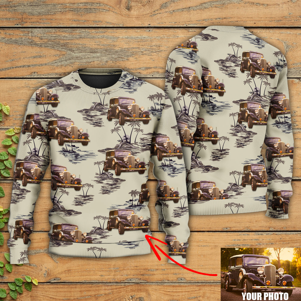 Vintage Car Tropical Island Palm Trees Sweater For Garage Gatherings Road Adventures And Creative Gifts