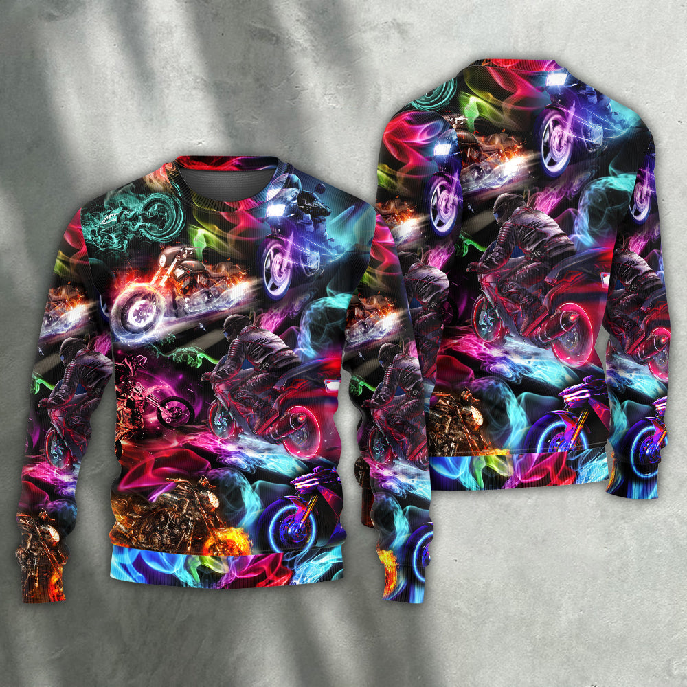 Motorcycle Racing Neon Light Colorful Sweater For Road Trips Weekend Gatherings And Thoughtful Gift Giving