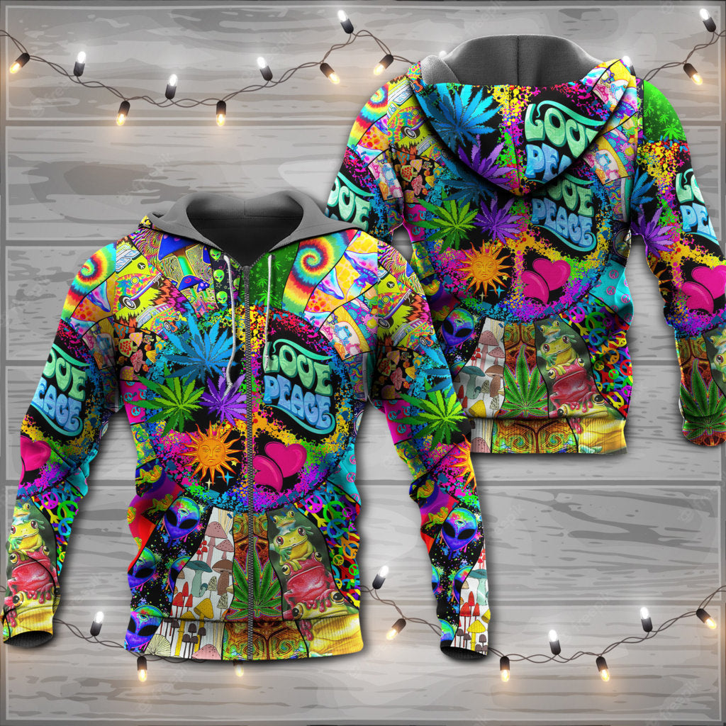 Hippie Alien Frog Peace Love Hoodie For Relaxed Streetwear Outdoor Gatherings And Travel