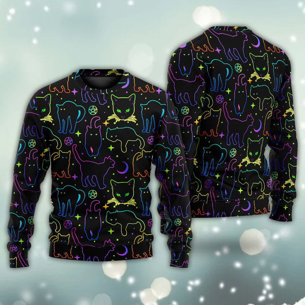 Neon Colorful Cat Playing Sweater For Animal Lovers Casual Wear Holidays And Thoughtful Gifting