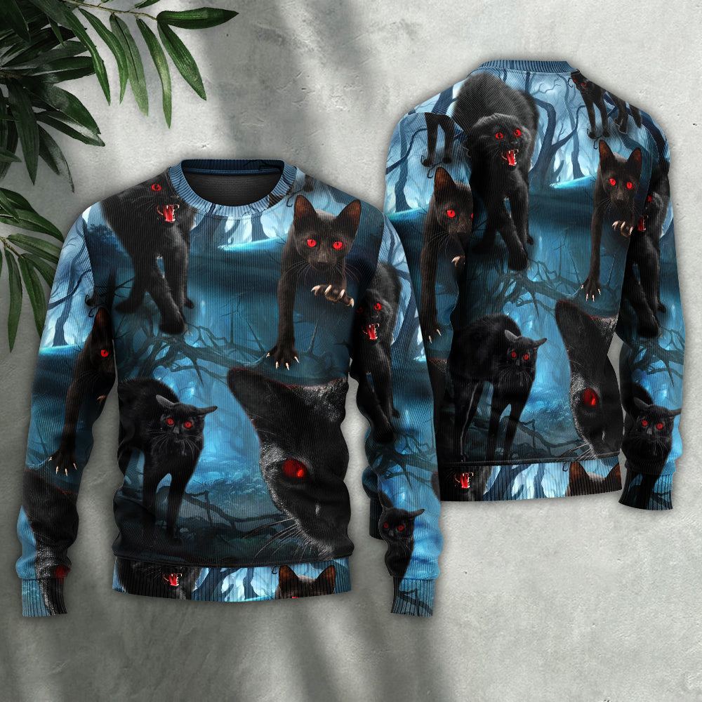Halloween Black Cat Spooky Sweater For Art Lovers Holidays Parties And Comfortable Wear