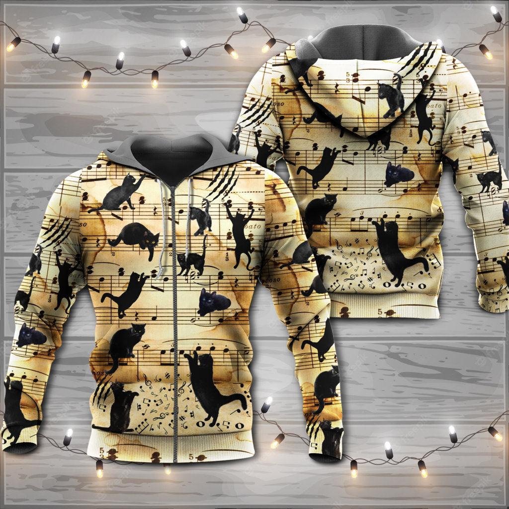 Black Cat Music Note Love Hoodie For Festival Outfits Music Events And Relaxed Daily Style