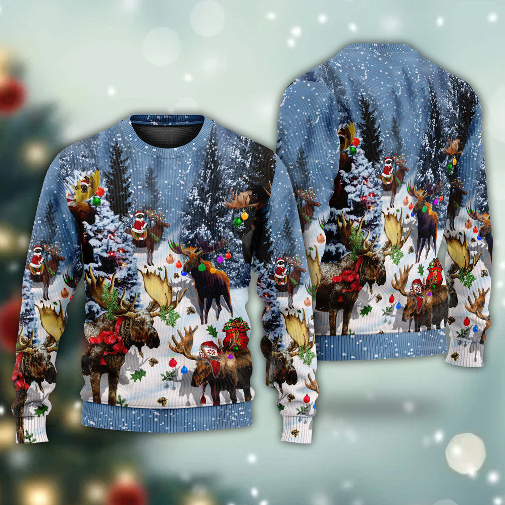 Moose Merry Christmas Snow Scene Sweater For Festive Family Events Casual Wear And Holiday Gift Giving