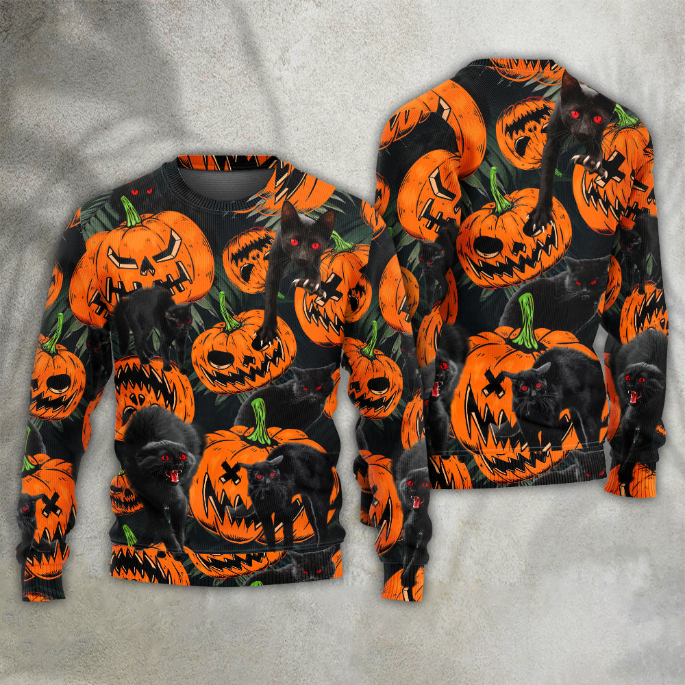 Halloween Black Cat Pumpkin Tropical Sweater For Art Fans Travel Parties And Distinctive Casual Style