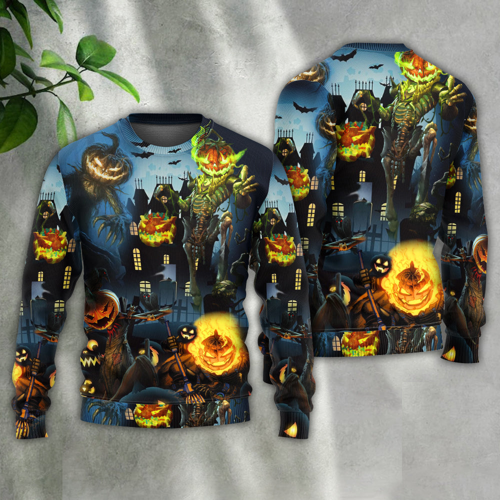 Halloween Pumpkin Night Sky Sweater For Art Fans Travel Parties And Distinctive Casual Style