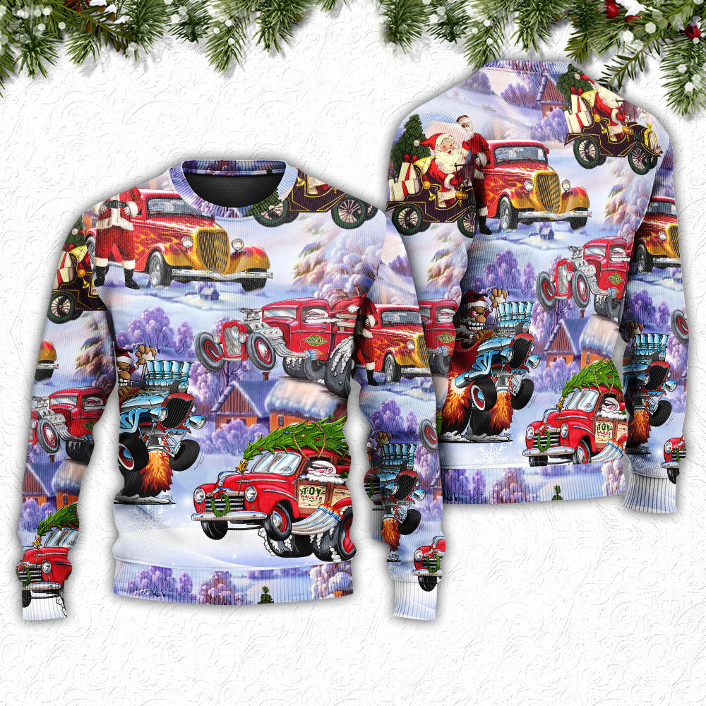 Santa Hot Rod Christmas Tree Sweater For Seasonal Parties Cozy Gatherings And Thoughtful Holiday Gifts