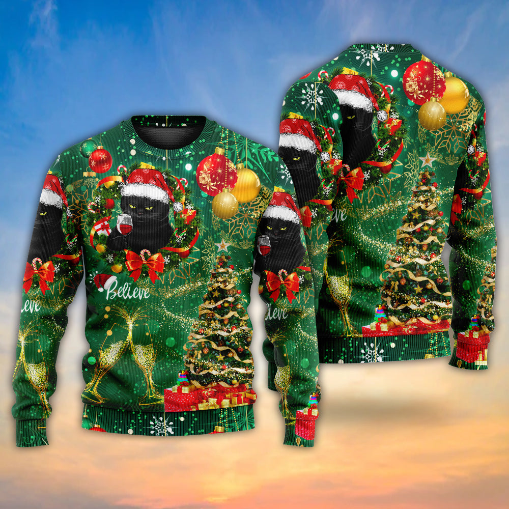 Christmas Black Cat Holiday Tree Glow Sweater For Seasonal Parties Cozy Gatherings And Thoughtful Holiday Gifts