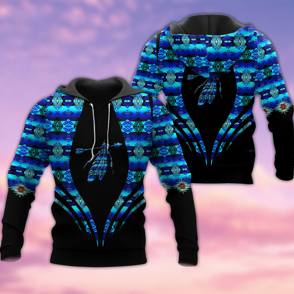 Native Blue Feather Pattern Hoodie For Traditional Themes Outdoor Events And Casual Travel