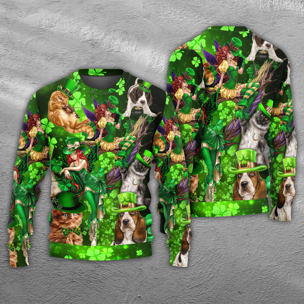 Irish Cat Girl St Patrick Green Light Sweater For Casual Styling Weekend Outings And Creative Gift Giving