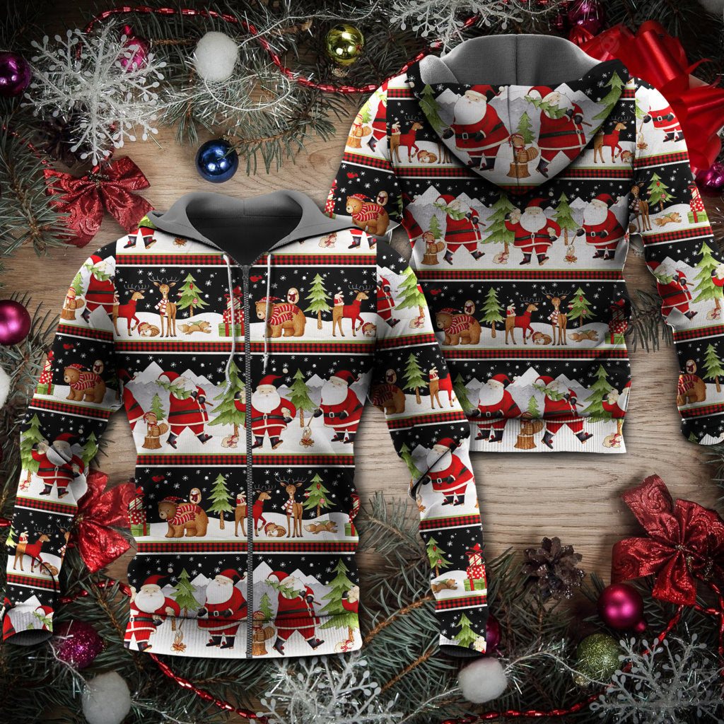 Happy Christmas Night Santa Reindeer Bear Hoodie For Festive Celebrations Seasonal Trips And Relaxed Winter Wear