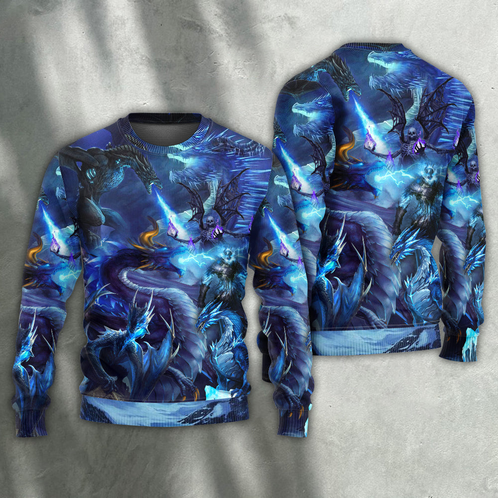 Blue Dragon Skull Fire Lightning Sweater For Fantasy Fans Casual Outings And Weekend Adventures