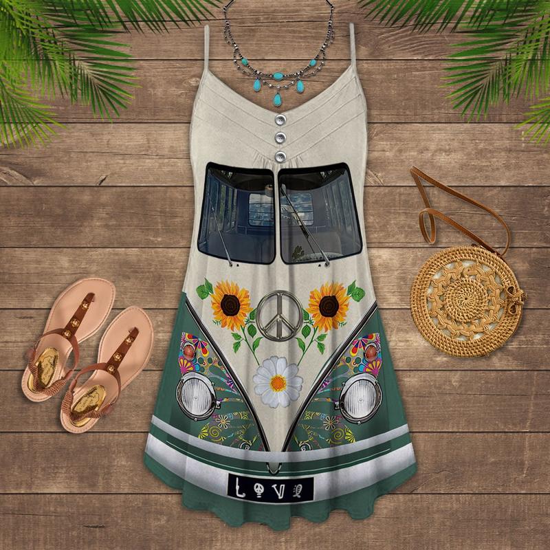 Hippie Van Retro Sunflower V-Neck Sleeveless Cami Dress For Vacations And Artistic Everyday Fashion