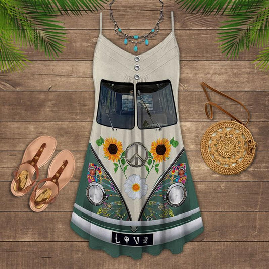 Retro Hippie Van Sunflower – Women's Summer Sleeveless V-Neck Camisole Dress