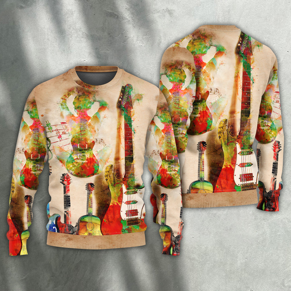 Abstract Colorful Guitar Sweater For Holidays Parties And Comfortable Everyday Wear
