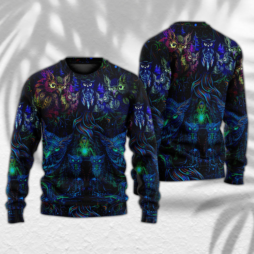 Colorful Owl And Witch Fantasy Sweater For Art Lovers Holidays Parties And Comfortable Wear