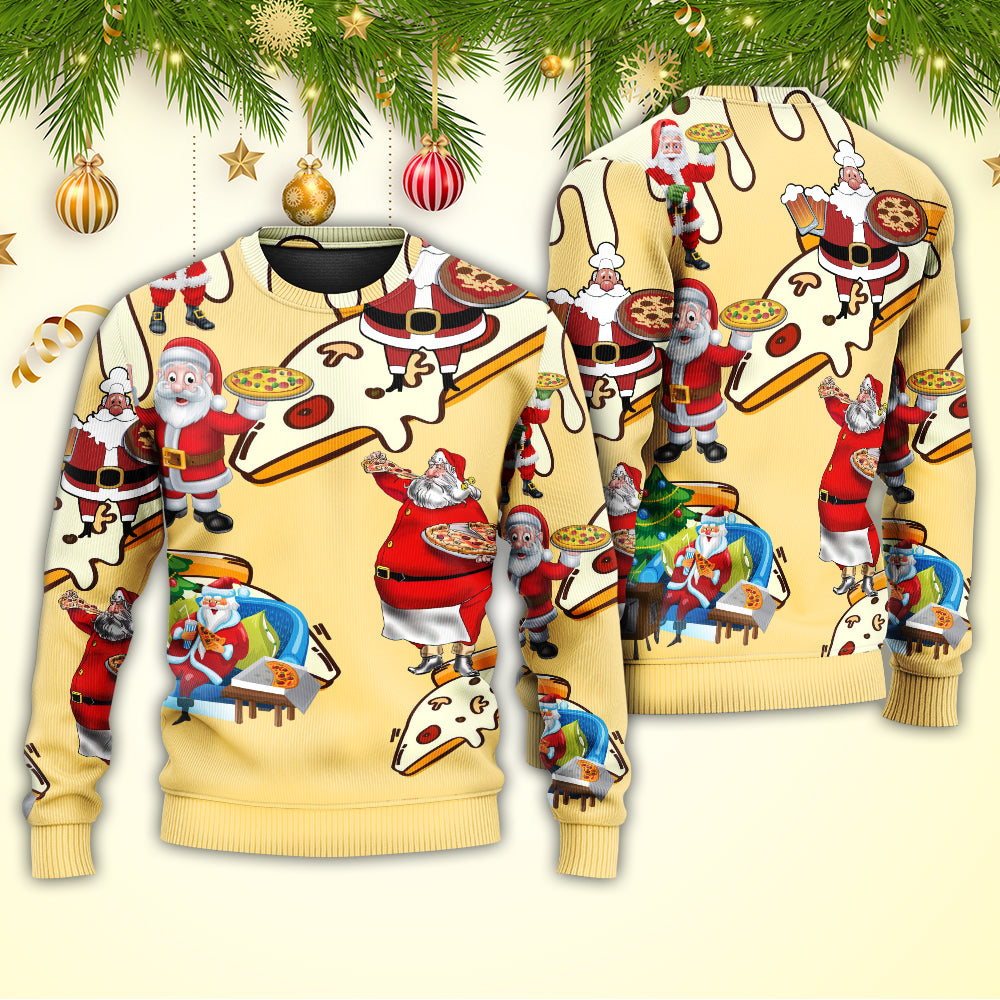 Christmas Santa Eating Pizza Fun Sweater For Winter Parties Seasonal Adventures And Relaxed Everyday Styling