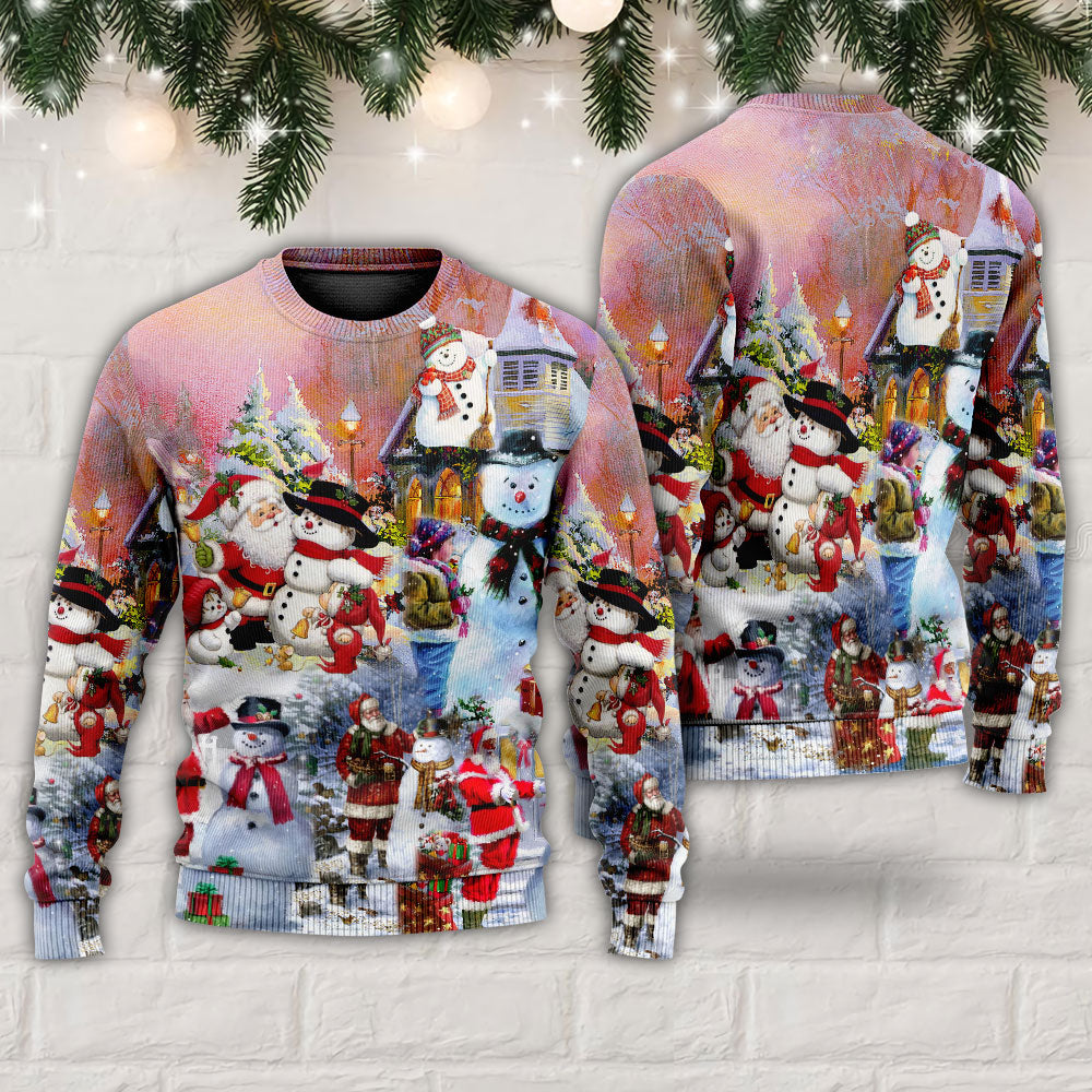 Santa And Snowman Snow Village Sweater For Holiday Travel Winter Outings And Cheerful Gift Giving