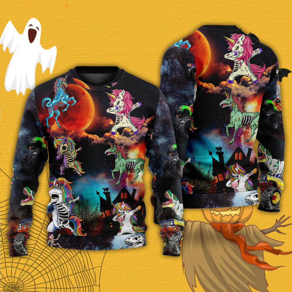 Halloween Unicorn Dance Fun Sweater For Art Fans Travel Parties And Distinctive Casual Style