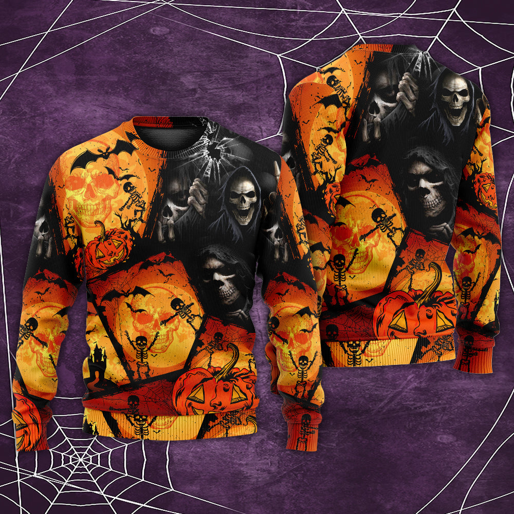 Halloween Skull Pumpkin Night Sweater For Art Lovers Holidays Parties And Comfortable Wear
