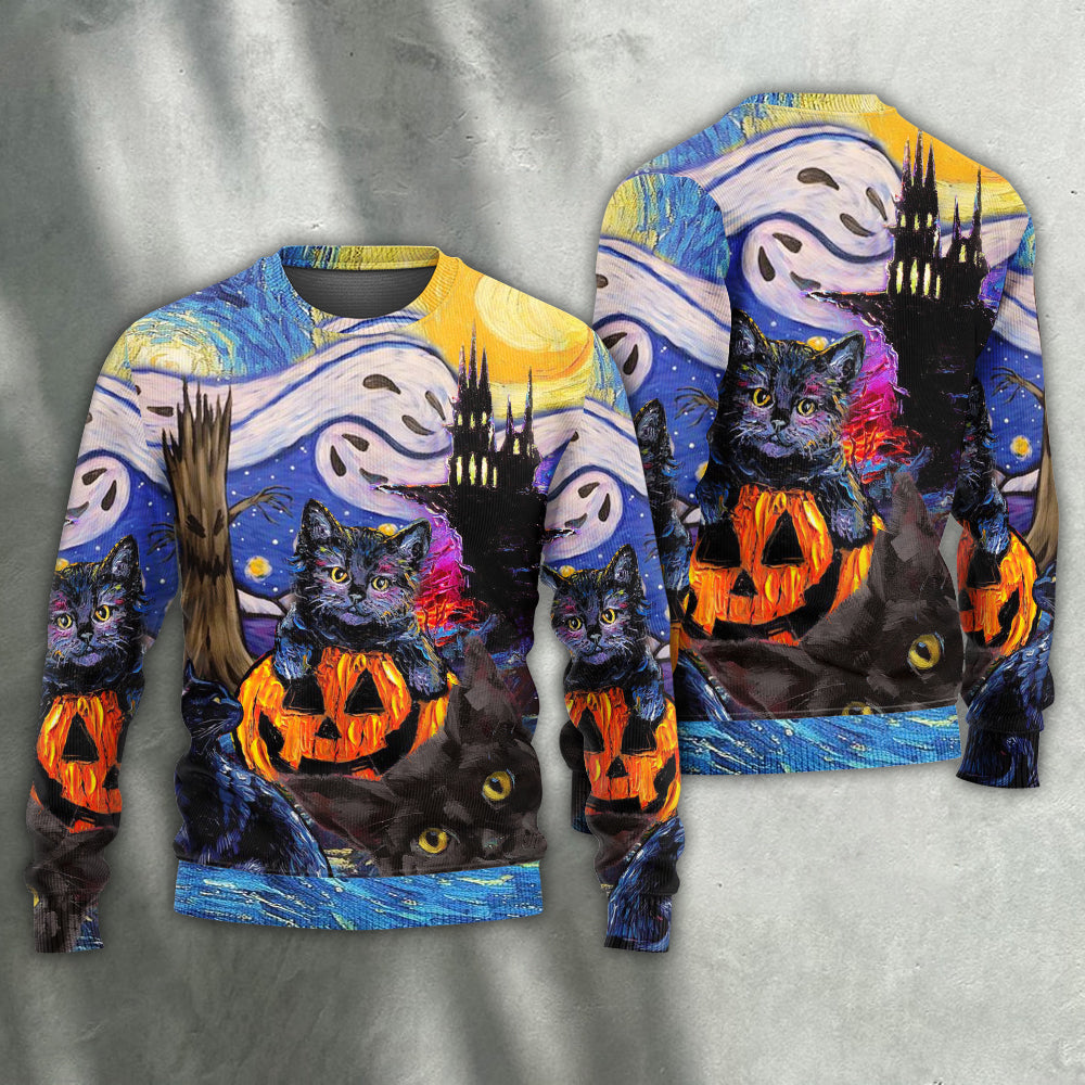 Halloween Black Cat Starry Night Sweater For Fantasy Fans Casual Outings And Weekend Adventures