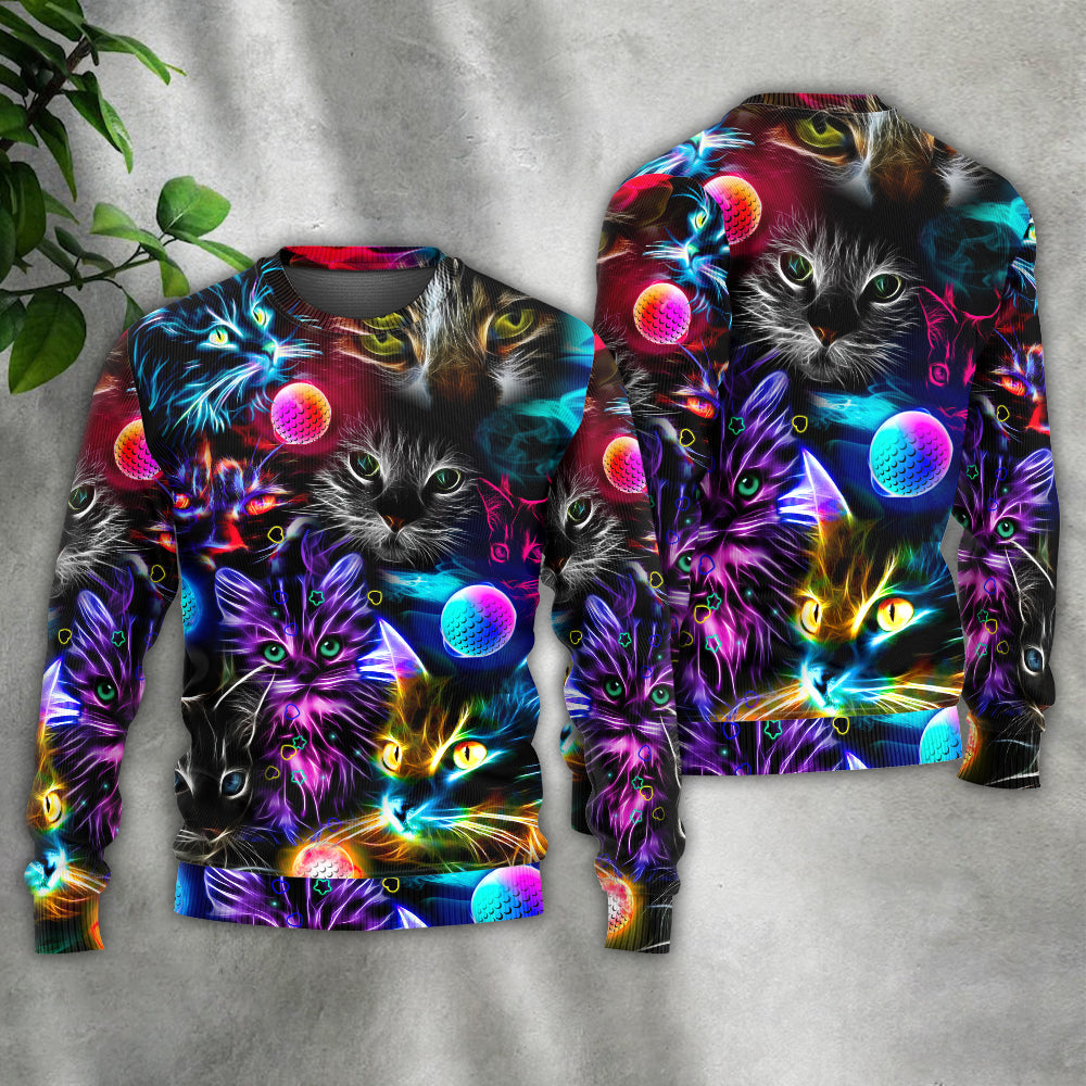 Golf Playing Cat Neon Lightning Sweater For Distinctive Animal Artwork Holidays And Thoughtful Gifts
